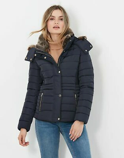 Pre-owned Joules Womens Gosway Fur Trim Padded Coat - Marine Navy