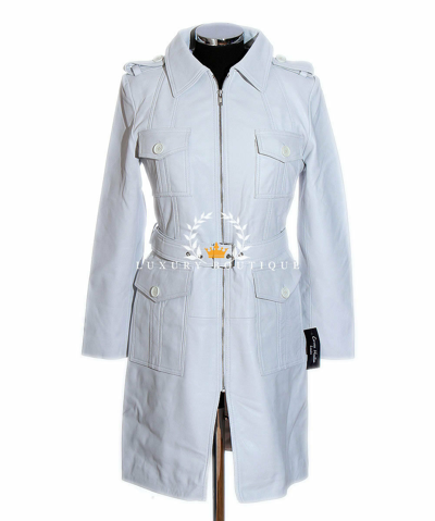 Pre-owned L.b Marilyn White Ladies Designer Knee Length Real Lambskin Leather Trench Coat
