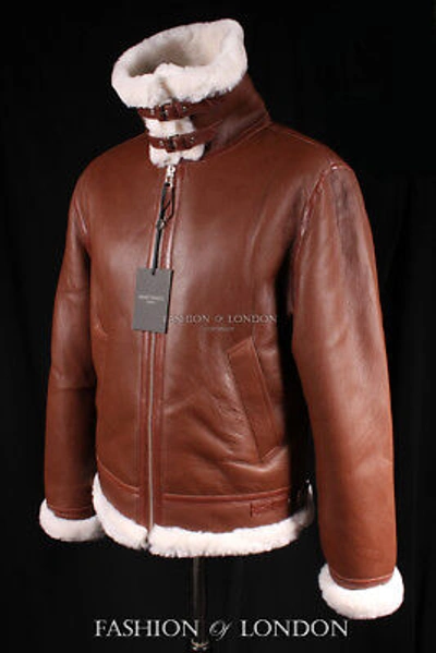 Pre-owned Real Leather Men's B3 Sheepskin Shearling Jacket Air Force Bomber Chestnut/white Fur Jacket