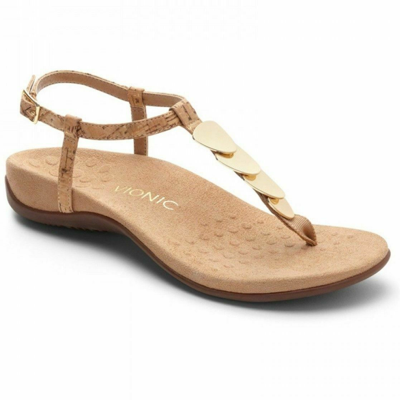 Pre-owned Vionic Women's  Sandal Rest Miami Ankle Strap Thong Leather Cork Gold Sz 8 11