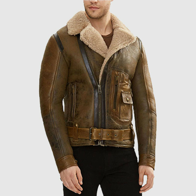 Pre-owned Style Men B3 Aviator Shearling Greenish Waxed Sheepskin Leather Flight Bomber Jacket