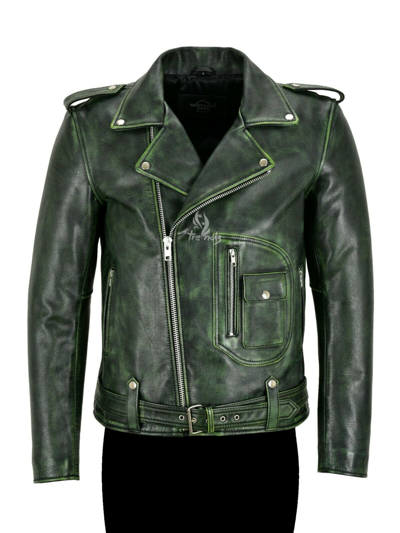 Pre-owned Smart Range Leather Men's Real Leather Riding Jacket Green Vintage Thick Cowhide Brando Biker Style