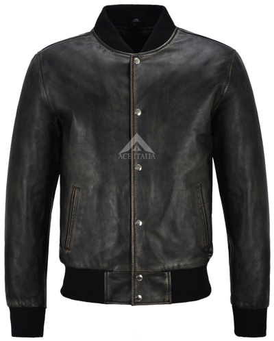 Pre-owned Real Leather Mens Varsity Leather Jacket Black Classic Bomber Baseball  Jacket