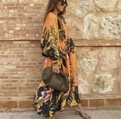 Pre-owned H&m Trend Orange Floral Jungle Tropical Palm Midi Silky Kimono Dress M 12 14 Bnt