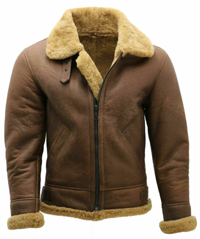 Pre-owned Ag Bison Men's Brown B3 Shearling Sheepskin Ww 2 Bomber Leather Flying Aviator Jacket