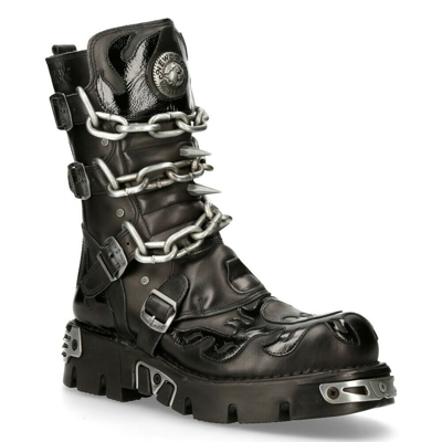 Pre-owned New Rock Rock Unisex M.727-s1 Black Leather Boots Skull Chain Flame Reactor Boots