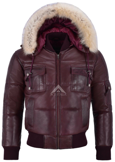 Pre-owned Smart Range Men's Puffers Hooded Bomber Jacket Cherry Real Lambskin Leather Pilot 6 Puffer
