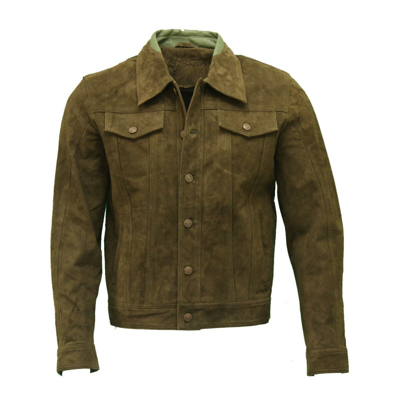 Pre-owned Infinity Men's Green Suede Leather Denim Jean Styles Star Buttons Western Trucker Jacket