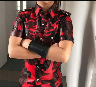 Pre-owned Edinstyle Men's Genuine Leather Shirts Real Sheepskin Red Camouflage Half Sleeves Shirts