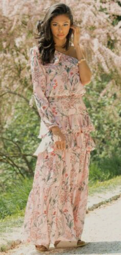 Pre-owned H&m Johanna Ortiz Silky Pink Floral One Shoulder Ruffle Maxi Dress 16 14