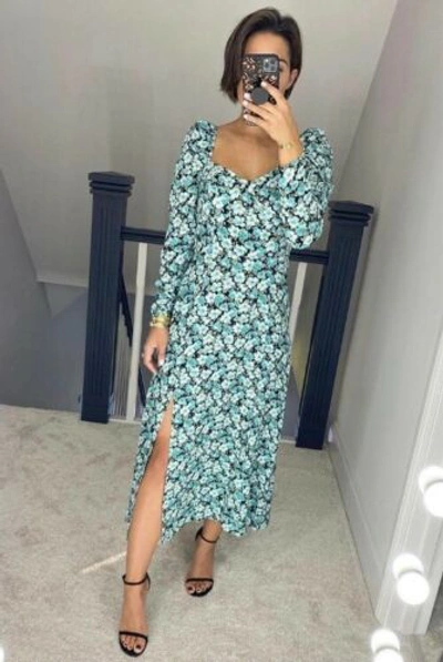 Pre-owned & Other Stories Asos  Celeb Turq Blue Green Floral Puff Sleeve Midi Dress 12 38