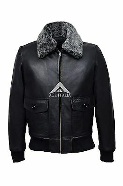 Pre-owned Top Gun Black Plain Men's Jet Fighter Bomber Navy Air Force Pilot Leather Jacket