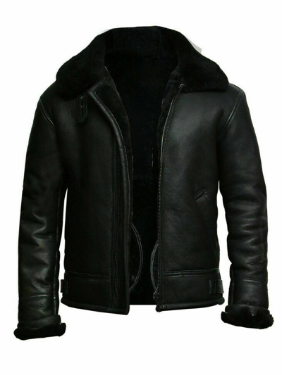 Pre-owned Clara Mens Black B3 Raf Aviator Flying Flight Bomber Sheepskin Fur Leather Jacket