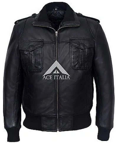 Pre-owned Smart Range Men's Black Short Bomber Aviator Pilot Real Lambskin Leather Jacket 6996