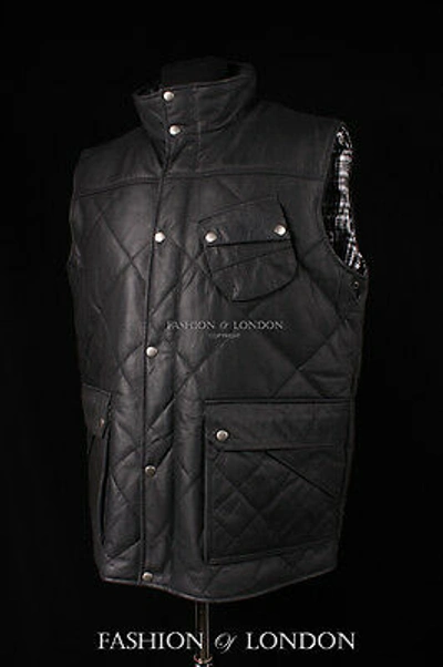 Pre-owned Real Leather Coat And Jackets Men's Huntsman Black Quilted Waxed Skipper Hide Leather Gilet Waistcoat Waistcoat