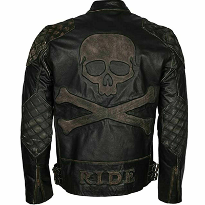 Pre-owned Style Distressed Black Skull & Bones Biker Vintage Motorcycle Leather Jacket For Men