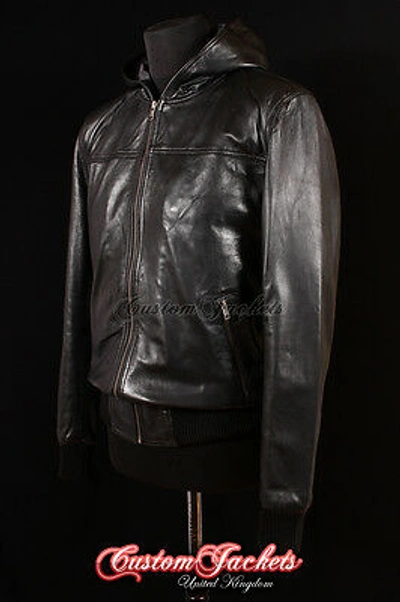 Pre-owned Real Leather Coat And Jackets Men's Seventies Hooded Lambskin Leather Jacket Black Sports Bomber Pilot Jacket
