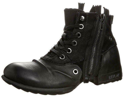 Pre-owned Replay Clutch Genuine Leather Side Zip Black Mid Ankle Mens Military Army Boots.