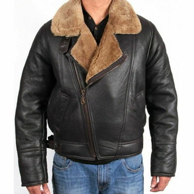 Pre-owned Motero Men's Raf Double Breast Bomber Aviator Sheepskin Brown Leather Winter Fur Jacket