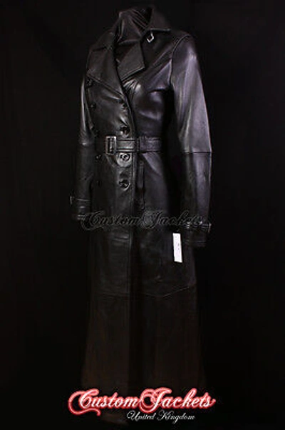 Pre-owned Real Leather Jacket And Coats Ladies Paris Full-length Black Trench Coat Belted Real Leather Long Jacket Mac