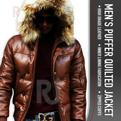 Pre-owned Runner'up Ent Mens Puffer Hooded Jacket Real Leather Bubble Bomber Hoodie Jacket│free Shipping