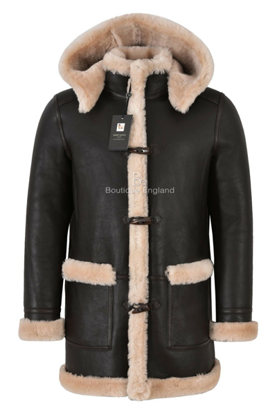 Pre-owned Smart Range Leather Men's Leather Sheepskin Duffle Coat Brown Beige Fur Hooded 100% Shearling Ivar