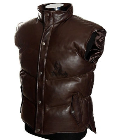 Pre-owned Real Leather Men's Everest Puffer Brown Lambskin Leather Military Padded Waistcoat