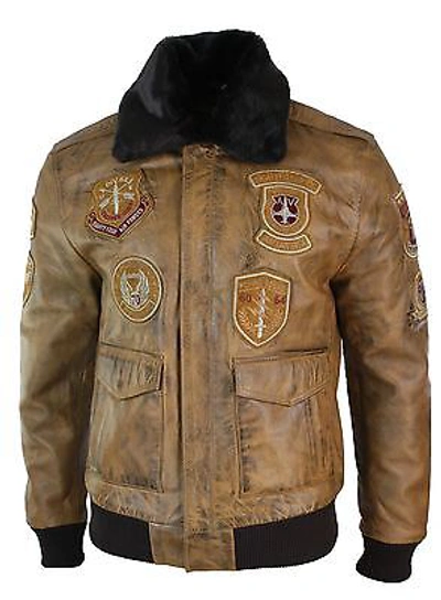 Pre-owned Aviatrix Mens Aviator Flying Pilot Bomber Jacket Vintage Tan Removable Black Fur Collar