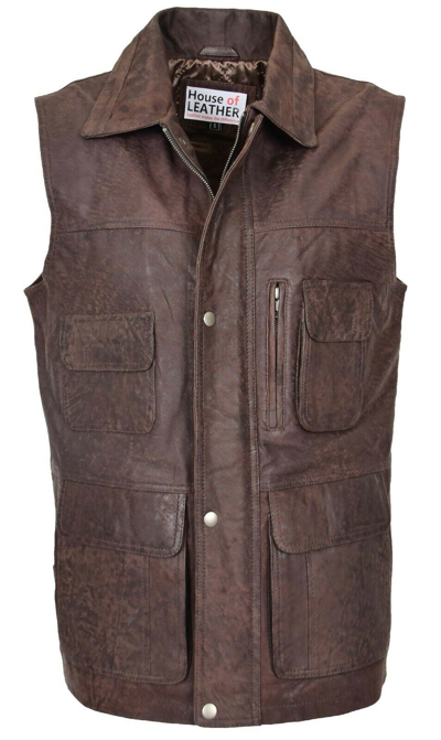 Pre-owned House Of Leather Mens Leather Waistcoat Gilet Multi Pocket Hunter Waistcoat Fishing Hiking Brown