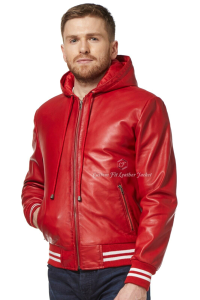 Pre-owned Smart Range Men's Leather Jacket Red Hooded 100% Real Napa Smart Fitted Stylish Jacket 4486