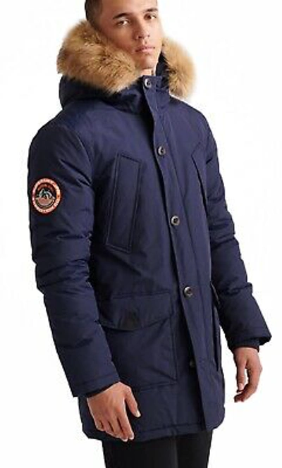 Pre-owned Superdry Faux Fur Parka Jacket Warm Long Hooded Padded Everest Winter Coat Blue