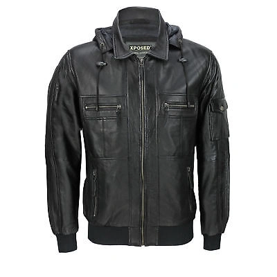 Pre-owned Xposed Mens Black Real Soft Leather Smart Casual Biker Style Collar Bomber Hood Jacket