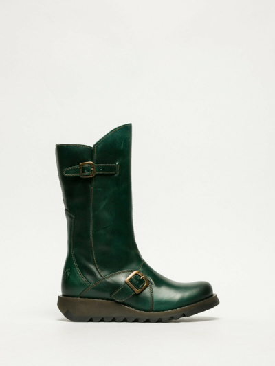 Pre-owned Fly London Mes 2 Womens Petrol Green Mid-calf Zipped Wedge Leather Boots