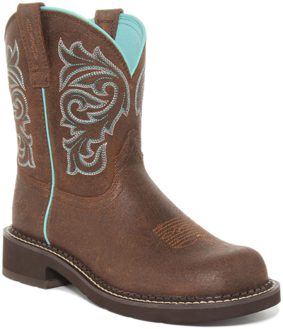 Pre-owned Ariat Fatbaby Womens Leather Western Boots In Brown Blue Uk Size 3 - 8