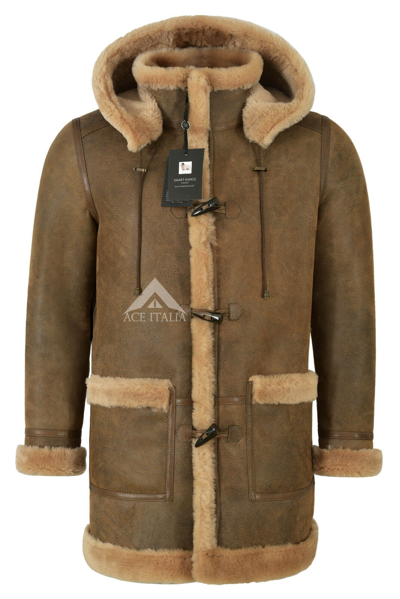 Pre-owned Smart Range Leather Men's Leather Genuine Sheepskin Duffle Coat Hooded 100% Real Shearling Fur F-42