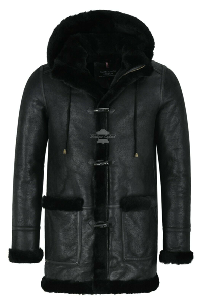 Pre-owned Smart Range Leather Men's Leather Sheepskin Duffle Coat Black Black Fur Hooded 100% Shearling Ivar
