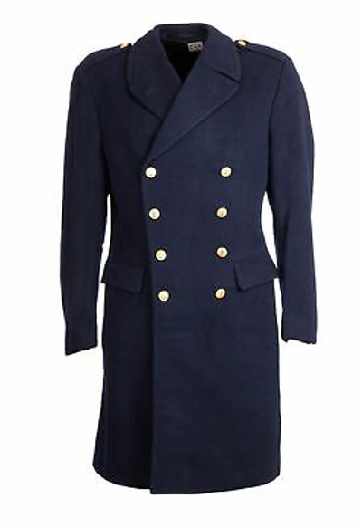 Pre-owned Blue Great Coat Wool Trench Nordic Vintage Double Breasted Military 38-40" Navy
