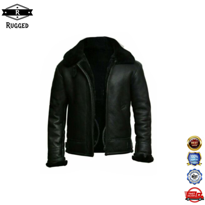 Pre-owned Rugged Raf Mens B3 Air Force Sheep Leather Jacket Pilot Flying Aviator Fur Bomber Black