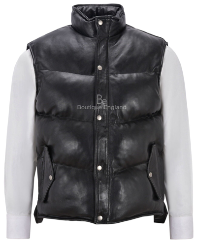 Pre-owned Smart Range Men's Puffer Leather Waistcoat Black Padded Lambskin Leather Casual Waistcoat Style