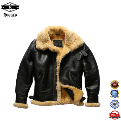 Pre-owned Rugged Men Aviator Pilot Raf B3 Flying Bomber Faux Fur Real Lambskin Leather Jacket M11