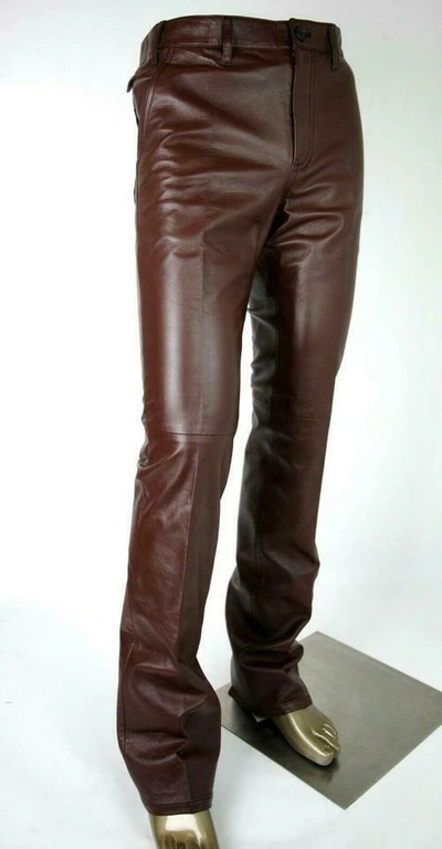 Pre-owned Edinstyle Pure Buffalo Leather Men's Trouser Chocolate Brown Genuine Leather Jeans