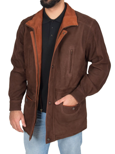 Pre-owned Fashion Gentlemens Real Nubuck Leather Classic Parka Jacket 3/4 Long Brown/ Tan Car Coat