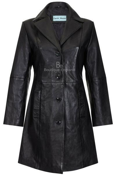 Pre-owned Real Leather Ladies Leather Coat Black Soft  Classic Slim Fit Trench Coat 3457