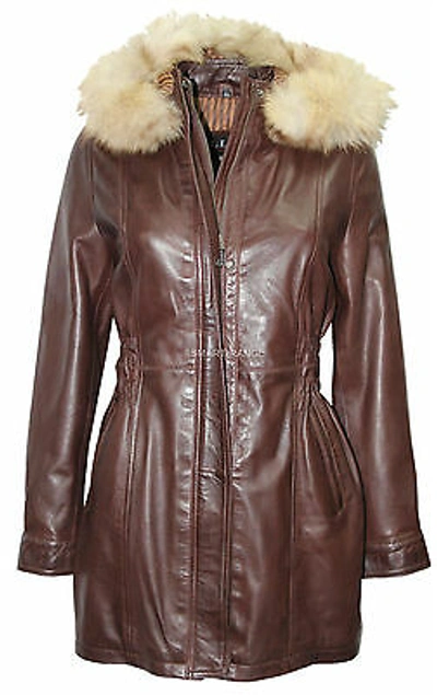 Pre-owned Carry Hoxton Sylvi Ladies Brown Trench Mid Length Fur Hooded Designer Leather Jacket Coat