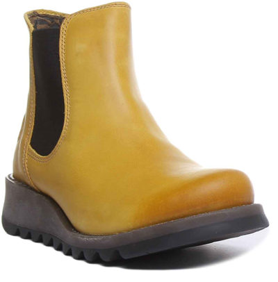 Pre-owned Fly London Salv Women Low Wedge Slip On Chelsea Boot In Mustard Size Uk 3 - 8