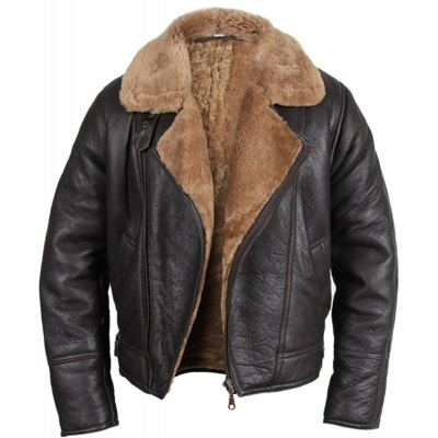 Pre-owned Motero Men's Raf Double Breast Bomber Aviator Sheepskin Brown Leather Winter Jacket