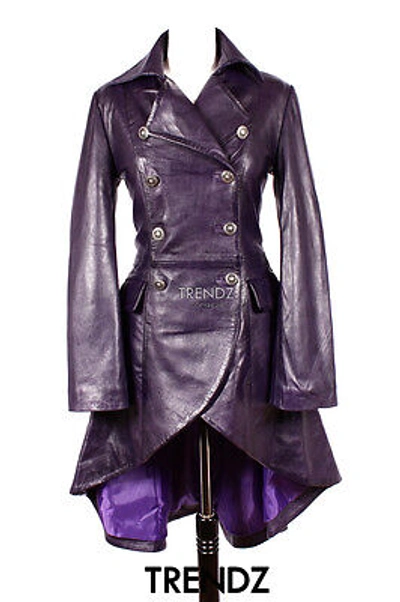Pre-owned Real Leather Ladies Leather Flare Coat Envy Purple Gothic Style  Trenchcoat 3492