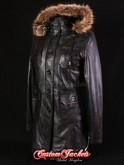 Pre-owned Real Leather Jacket And Coats Ladies Moscow Black Fur Hooded Parka Real Lambskin Leather Jacket Coat 9940
