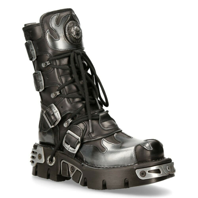 Pre-owned New Rock Rock 591-s2 Silver Flame Boots Metal Black Leather Heavy Punk Gothic Boots