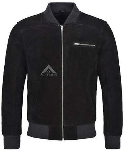 Pre-owned Smart Range Leather 70s Mens Bomber Jacket Classic Retro Varsity Black Real Suede Leather Jacket 275